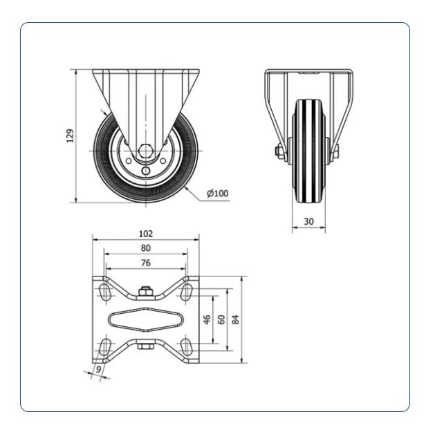 Rubber bokwiel  - 100mm - 90kg Rollen