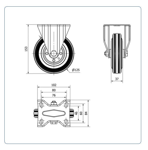 Rubber bokwiel  - 125mm - 120kg Rollen