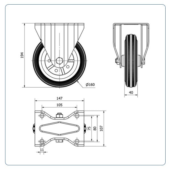 Rubber bokwiel  - 160mm - 160kg Rollen