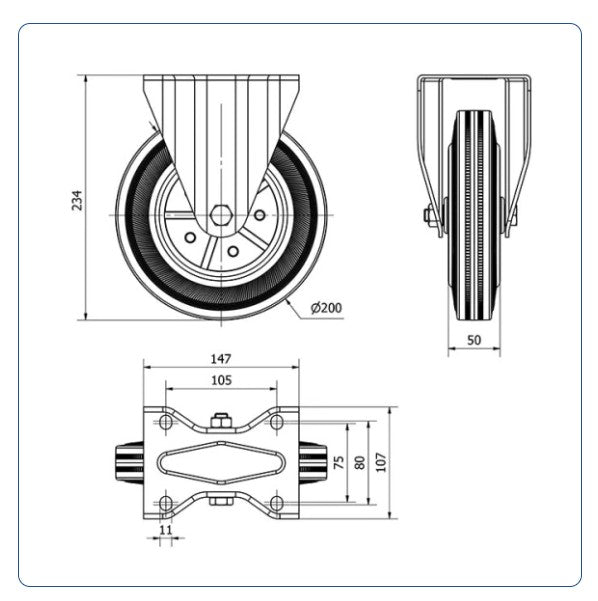 Rubber bokwiel  - 200mm - 205kg Rollen