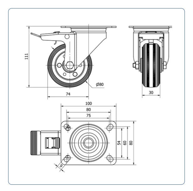 Rubber zwenkwiel geremd met topplaat - 80mm - 70kg Rollen
