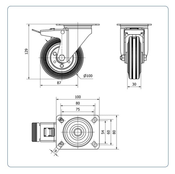 Rubber zwenkwiel geremd met topplaat - 100mm - 90kg Rollen