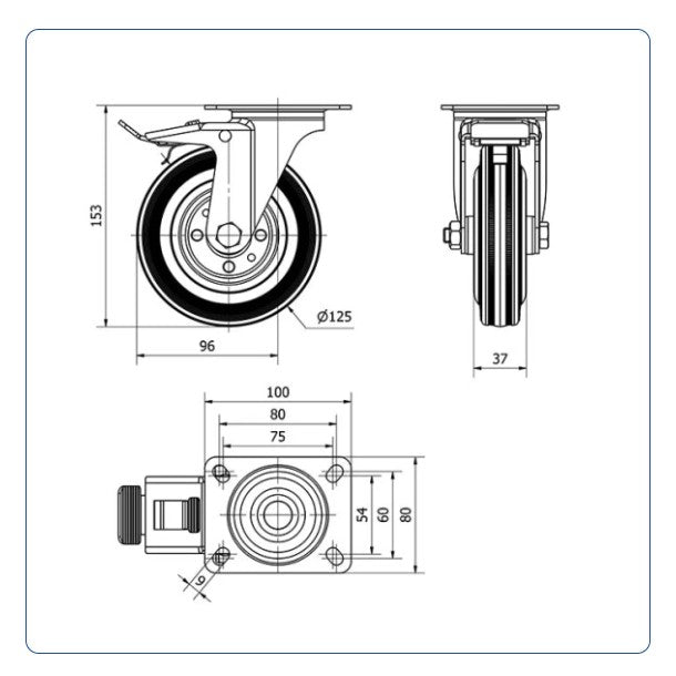 Rubber zwenkwiel geremd met topplaat - 125mm - 120kg Rollen