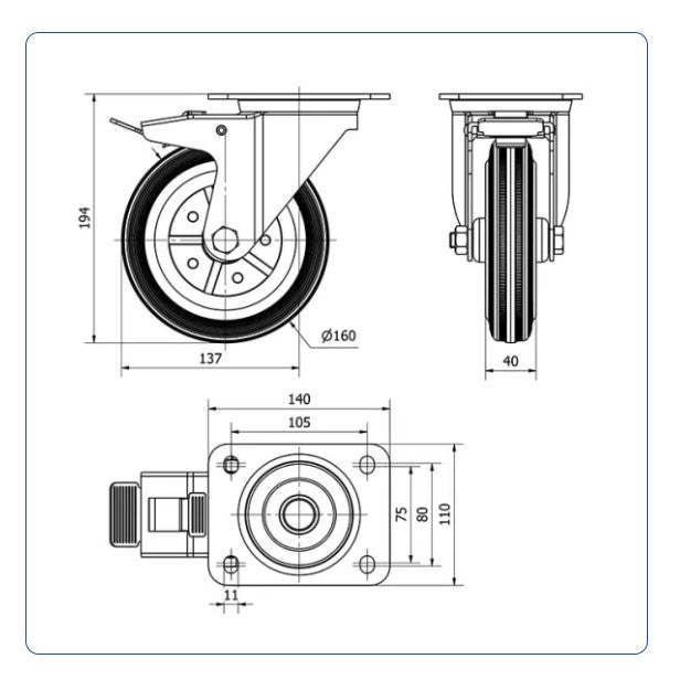 Rubber zwenkwiel geremd met topplaat - 160mm - 160kg Rollen