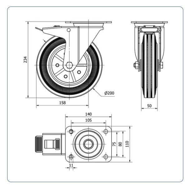 Rubber zwenkwiel geremd met topplaat - 200mm - 205kg Rollen