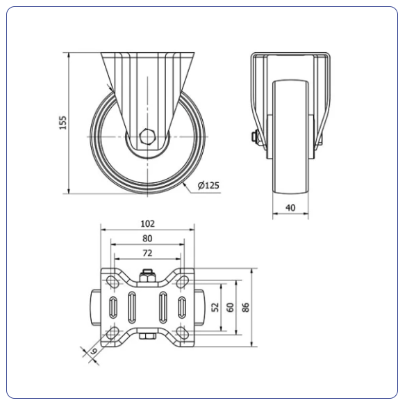 Nylon bokwiel  - 125mm - 170kg Rollen