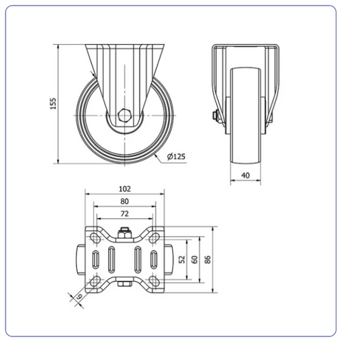 Nylon bokwiel  - 125mm - 170kg Rollen