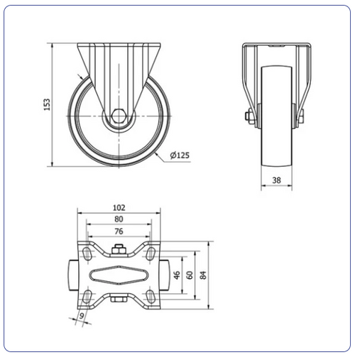 Nylon bokwiel  - 125mm - 170kg