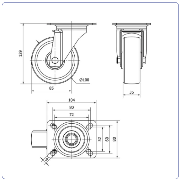 Nylon zwenkwiel met topplaat - 100mm - 150kg