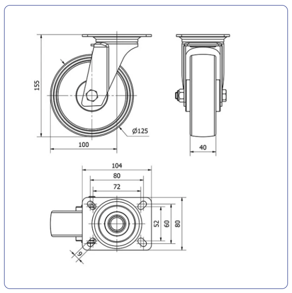 Nylon zwenkwiel met topplaat - 125mm - 170kg Rollen