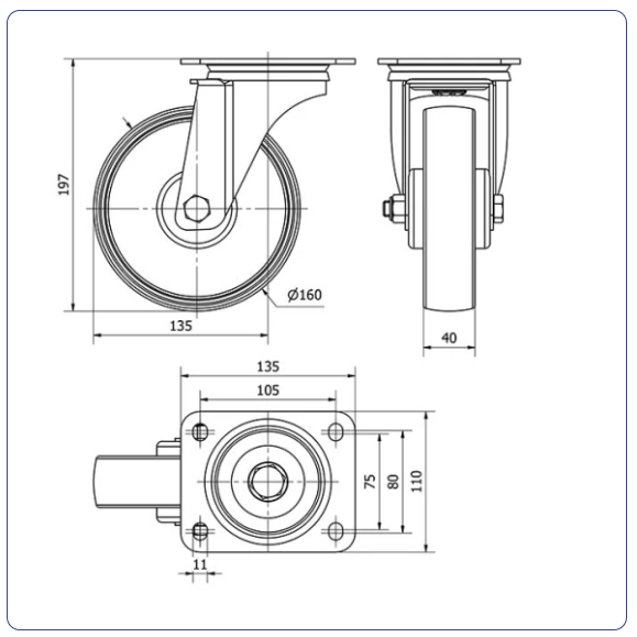 Nylon zwenkwiel met topplaat - 160mm - 200kg Rollen