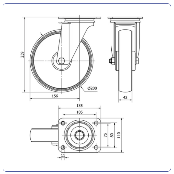 Nylon zwenkwiel met topplaat - 200mm - 280kg Rollen
