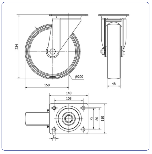 Nylon zwenkwiel met topplaat - 200mm - 280kg