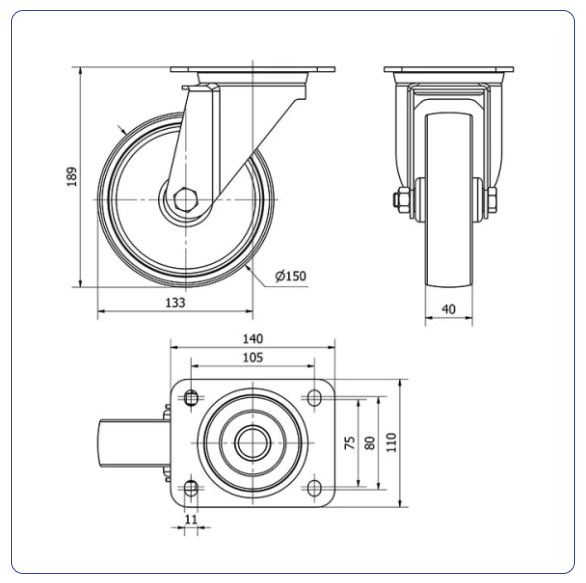 Nylon zwenkwiel met topplaat - 150mm - 200kg