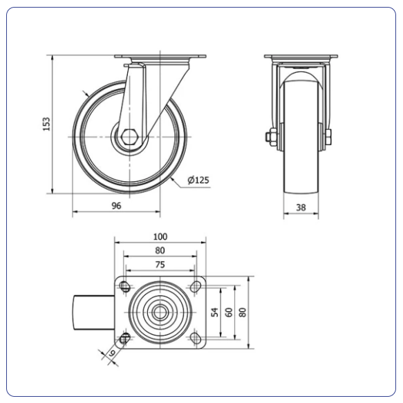 Nylon zwenkwiel met topplaat - 125mm - 170kg