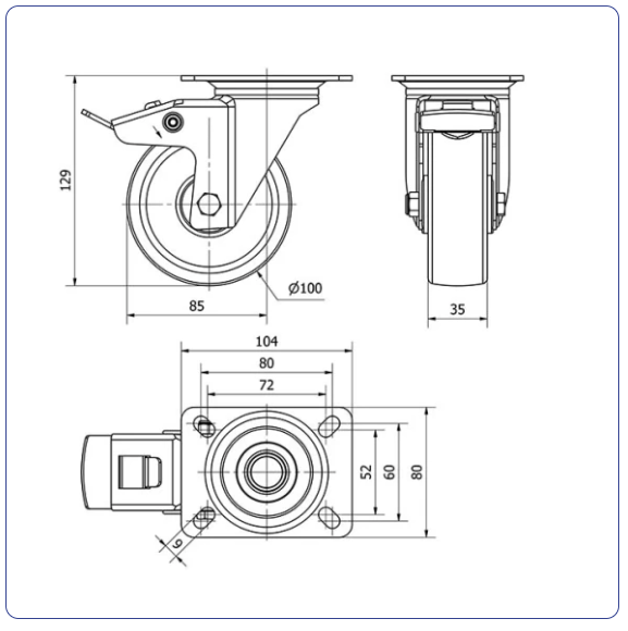 Nylon zwenkwiel geremd met topplaat - 100mm - 150kg