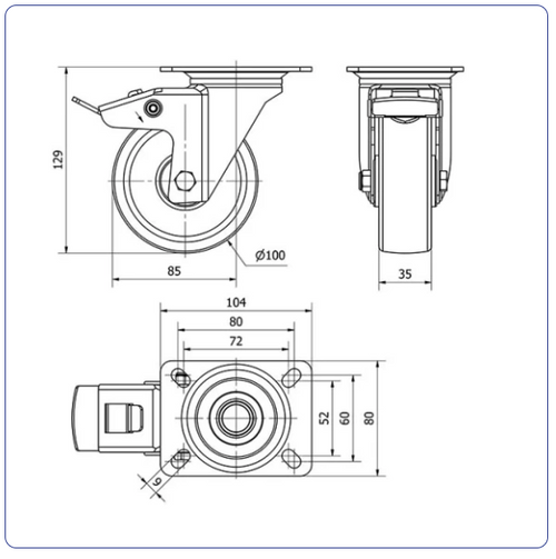 Nylon zwenkwiel geremd met topplaat - 100mm - 150kg