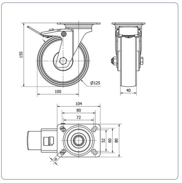 Nylon zwenkwiel geremd met topplaat - 125mm - 170kg Rollen