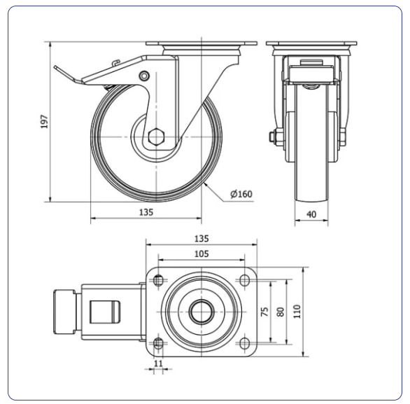 Nylon zwenkwiel geremd met topplaat - 160mm - 200kg Rollen