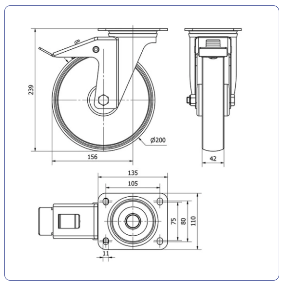 Nylon zwenkwiel geremd met topplaat - 200mm - 280kg Rollen