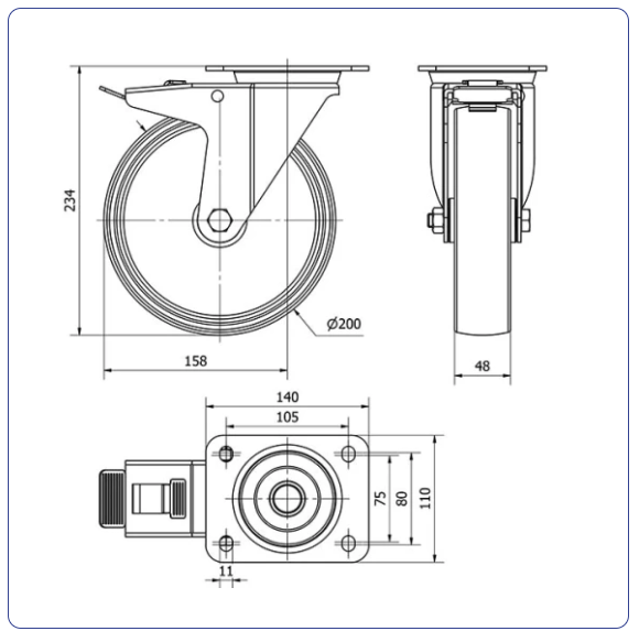 Nylon zwenkwiel geremd met topplaat - 200mm - 280kg