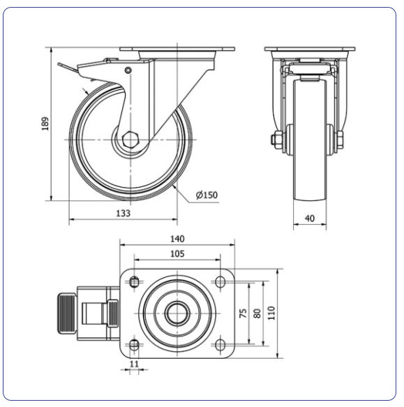 Nylon zwenkwiel geremd met topplaat - 150mm - 200kg