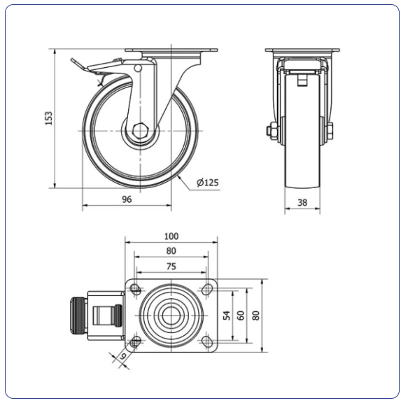 Nylon zwenkwiel geremd met topplaat - 125mm - 170kg Rollen