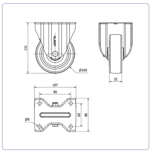 PU RVS blauw bokwiel - 100mm - 150kg