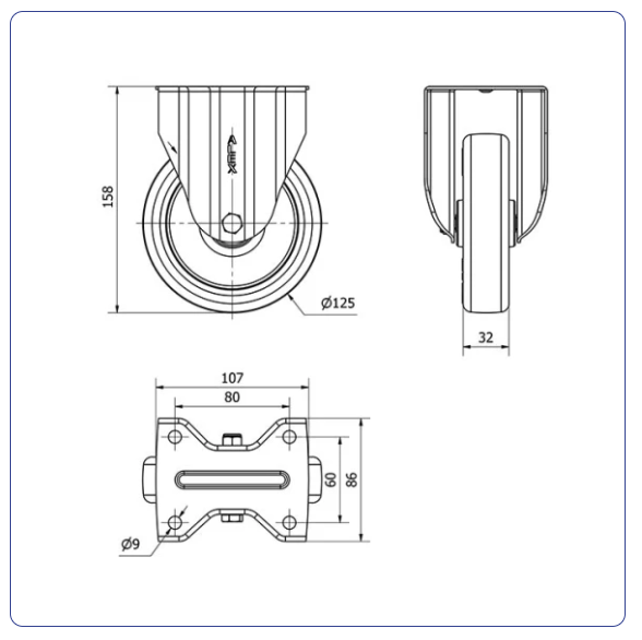 PU RVS blauw bokwiel - 125mm - 175kg