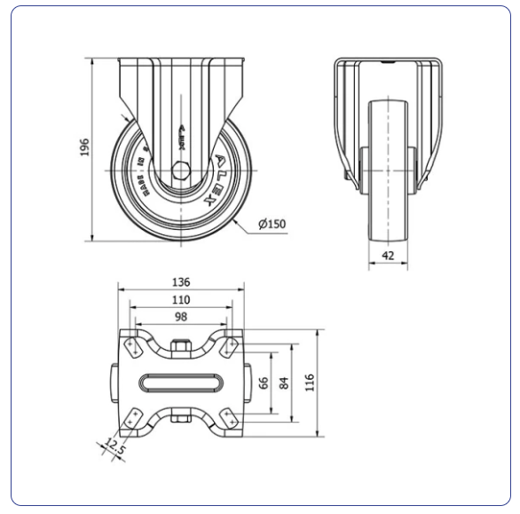 PU RVS blauw bokwiel - 150mm - 250kg