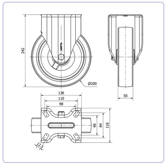 PU RVS blauw bokwiel - 200mm - 300kg