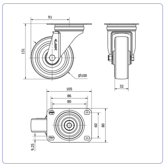 PU RVS zwenkwiel blauw met topplaat - 100mm - 150kg