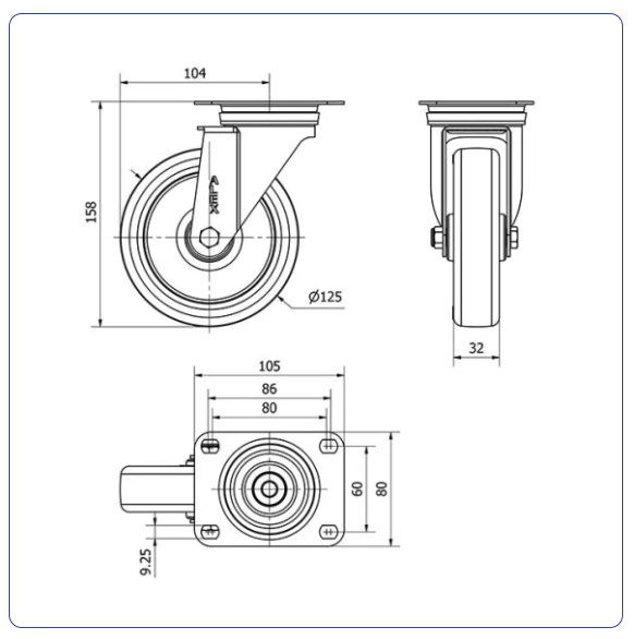 PU RVS zwenkwiel blauw met topplaat - 125mm - 175kg