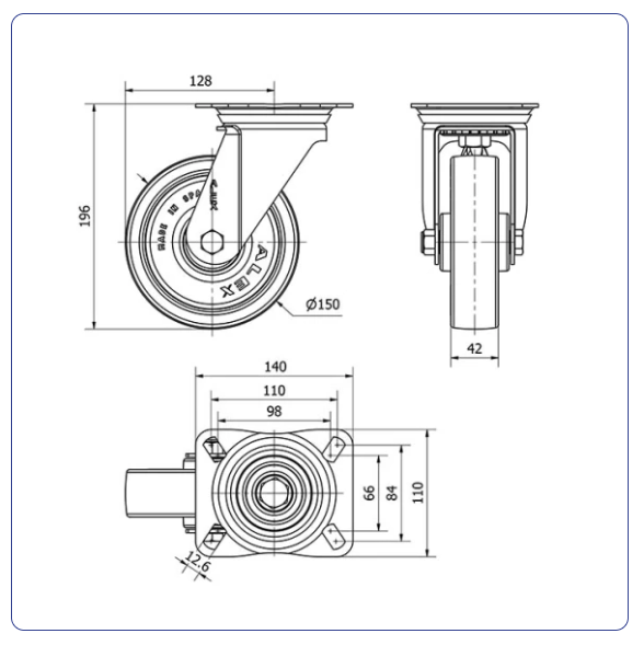 PU RVS zwenkwiel blauw met topplaat - 150mm - 250kg