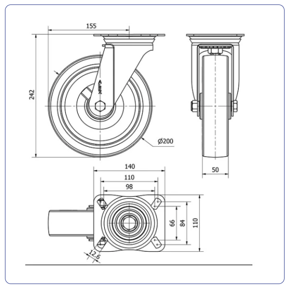 PU RVS zwenkwiel blauw met topplaat - 200mm - 300kg