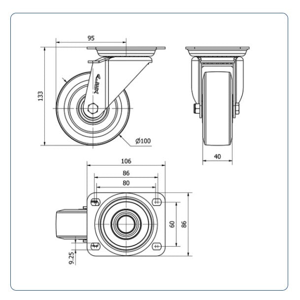 Elastiek rubber aluminium zwenkwiel met topplaat  - 100mm - 200kg Kogellager