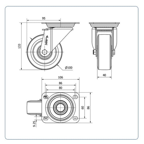 Elastiek rubber aluminium zwenkwiel met topplaat  - 100mm - 200kg Kogellager
