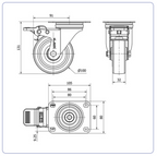 PU RVS zwenkwiel geremd blauw met topplaat - 100mm - 150kg RVS rollen