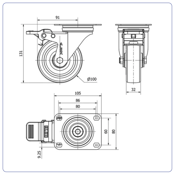 PU RVS zwenkwiel geremd blauw met topplaat - 100mm - 150kg