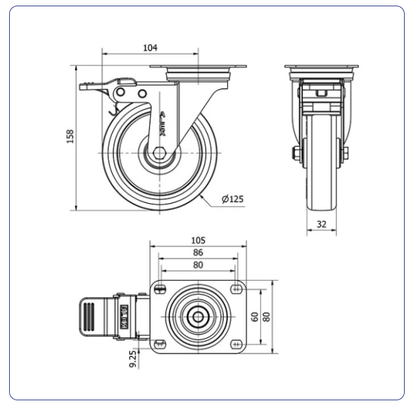 PU RVS zwenkwiel geremd blauw met topplaat - 125mm - 175kg RVS rollen