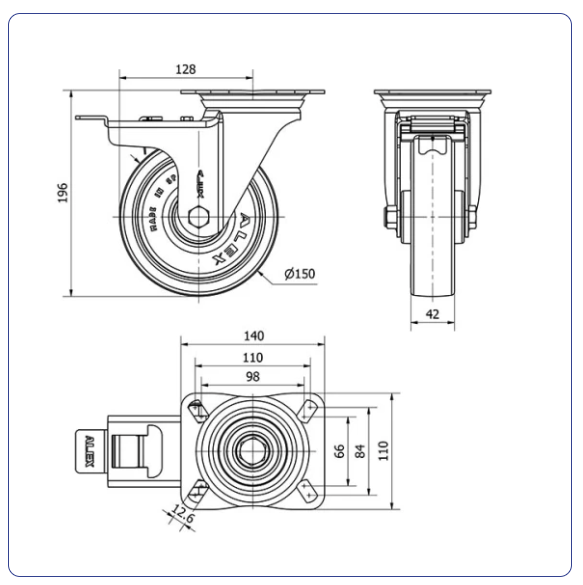 PU RVS zwenkwiel geremd blauw met topplaat - 150mm - 250kg RVS rollen