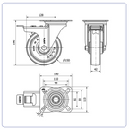 PU RVS zwenkwiel geremd blauw met topplaat - 150mm - 250kg RVS rollen