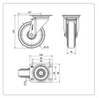 Elastiek rubber aluminium zwenkwiel met topplaat  - 125mm - 250kg Kogellager