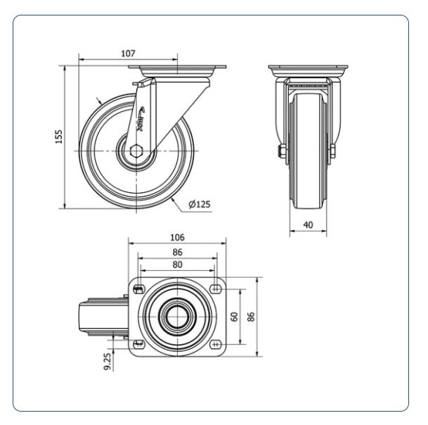 Elastiek rubber aluminium zwenkwiel met topplaat  - 125mm - 250kg Kogellager