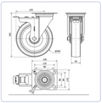 PU RVS zwenkwiel geremd blauw met topplaat - 200mm - 300kg RVS rollen