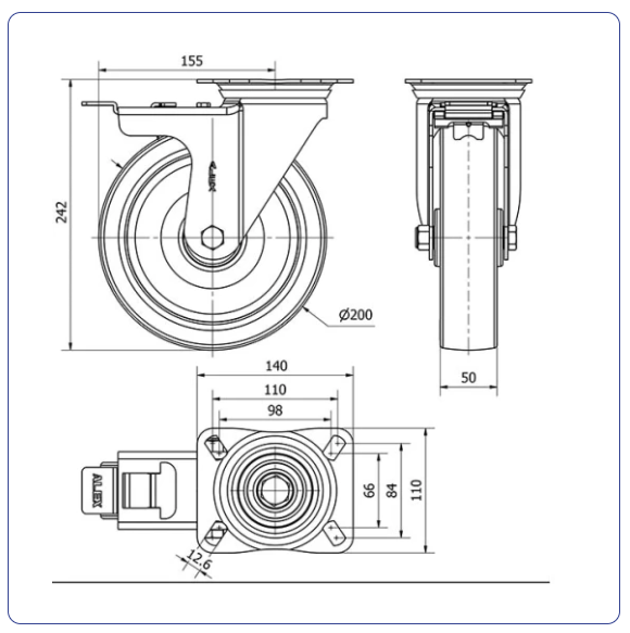 PU RVS zwenkwiel geremd blauw met topplaat - 200mm - 300kg