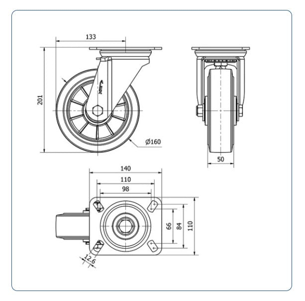 Elastiek rubber aluminium zwenkwiel met topplaat  - 160mm - 350kg Kogellager