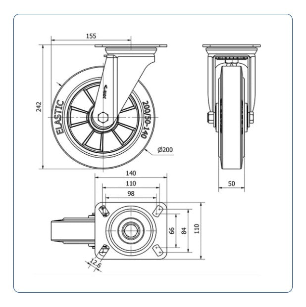 Elastiek rubber aluminium zwenkwiel met topplaat  - 200mm - 400kg Kogellager