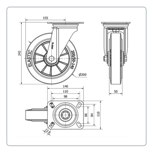 Elastiek rubber aluminium zwenkwiel met topplaat  - 200mm - 400kg Kogellager