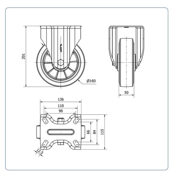 Elastiek rubber aluminium bokwiel - 160mm - 350kg Kogellager
